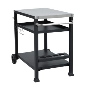 Taino Nikan Grillwagen mit Edelstahlplatte, Rollen, Flaschenhalter und Haken in Schwarz.