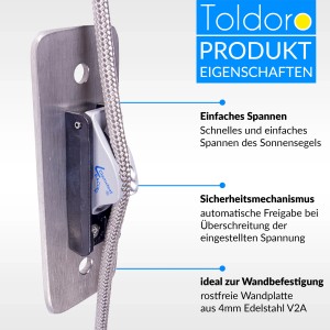 Toldoro Flaschenzug mit Sicherheitsklemme zur Sonnensegel-Befestigung an der Wand.