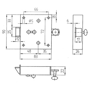 Technische Zeichnung: Knopfriegelschloss mit Maßen für Türschlösser & Türtechnik.