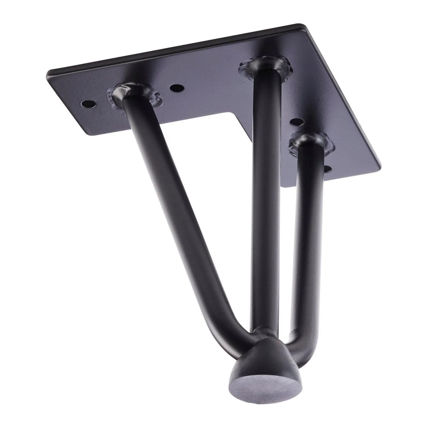 Schwarzes SOTECH Haarnadelbein aus Stahl, 150 mm hoch, mit drei Streben und Bodenschutz. Perfektes Möbelbein.