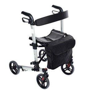 Ridder Rollator Premium, silberfarbenes Gestell mit schwarzer Sitzfläche und Tasche.