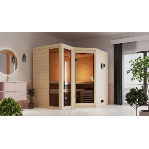 Karibu Sauna Amalia mit Bio-Ofen, naturbelassene Fichte, Eckeinstieg mit Glastür.
