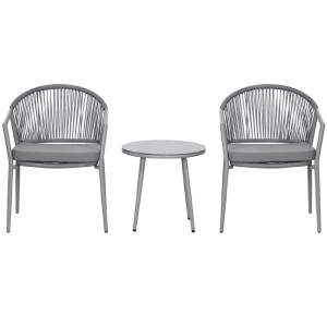 Graues Furnicato Gartenmöbel-Set: 2 Rattan-Stühle mit Kissen und 1 Tisch mit Glasplatte.