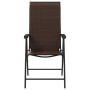 Brauner klappbarer Gartenstuhl aus Poly Rattan mit schwarzem Stahlgestell. Hohe Rückenlehne, Armlehnen.