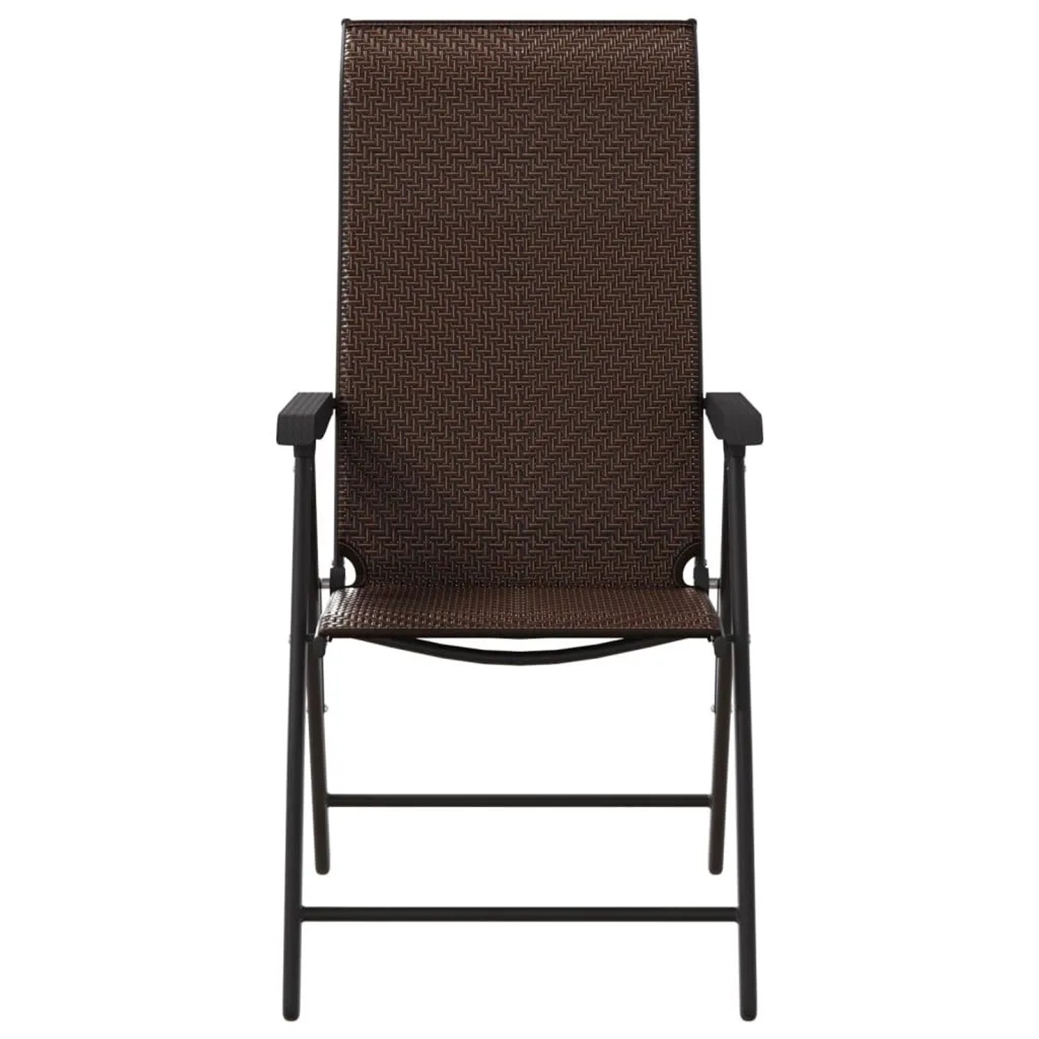 Brauner klappbarer Gartenstuhl aus Poly Rattan mit schwarzem Stahlgestell. Hohe Rückenlehne, Armlehnen.