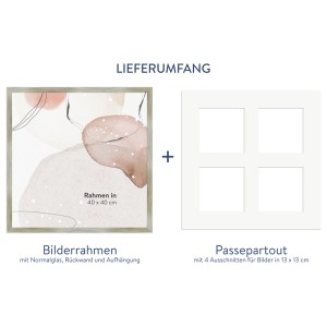 Goldener WANDStyle Galerierahmen 40x40 cm für 4 Fotos 13x13 cm mit Passepartout.