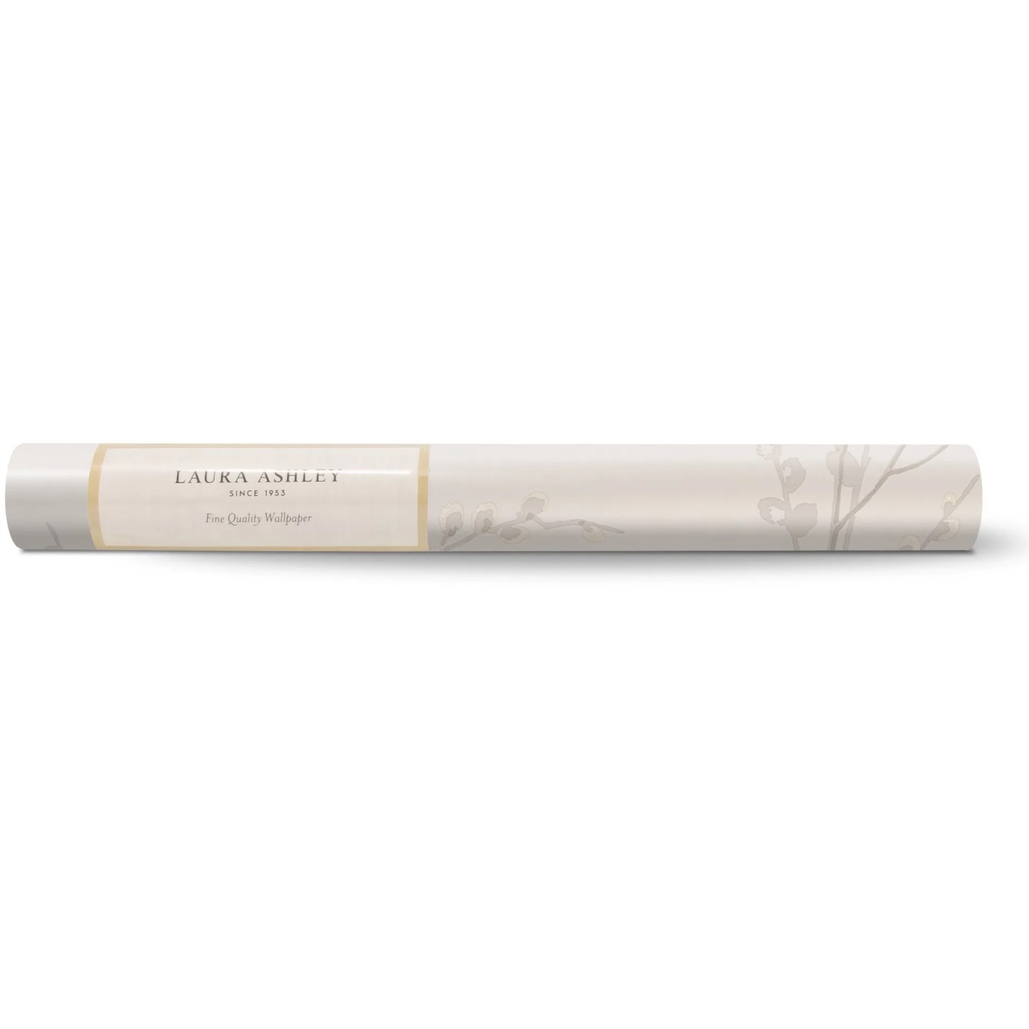 Laura Ashley Vliestapete Pussy Willow Dove Grey, Rolle mit Weidenkätzchen-Muster.