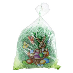 Grünes Ostergras (40g) im transparenten Beutel mit Osterdeko.