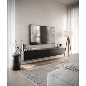 Schwarzes Selsey TV-Hängeboard Bemmi 200 cm schwebend im modernen Wohnzimmer. Mattes Design mit Stauraum.