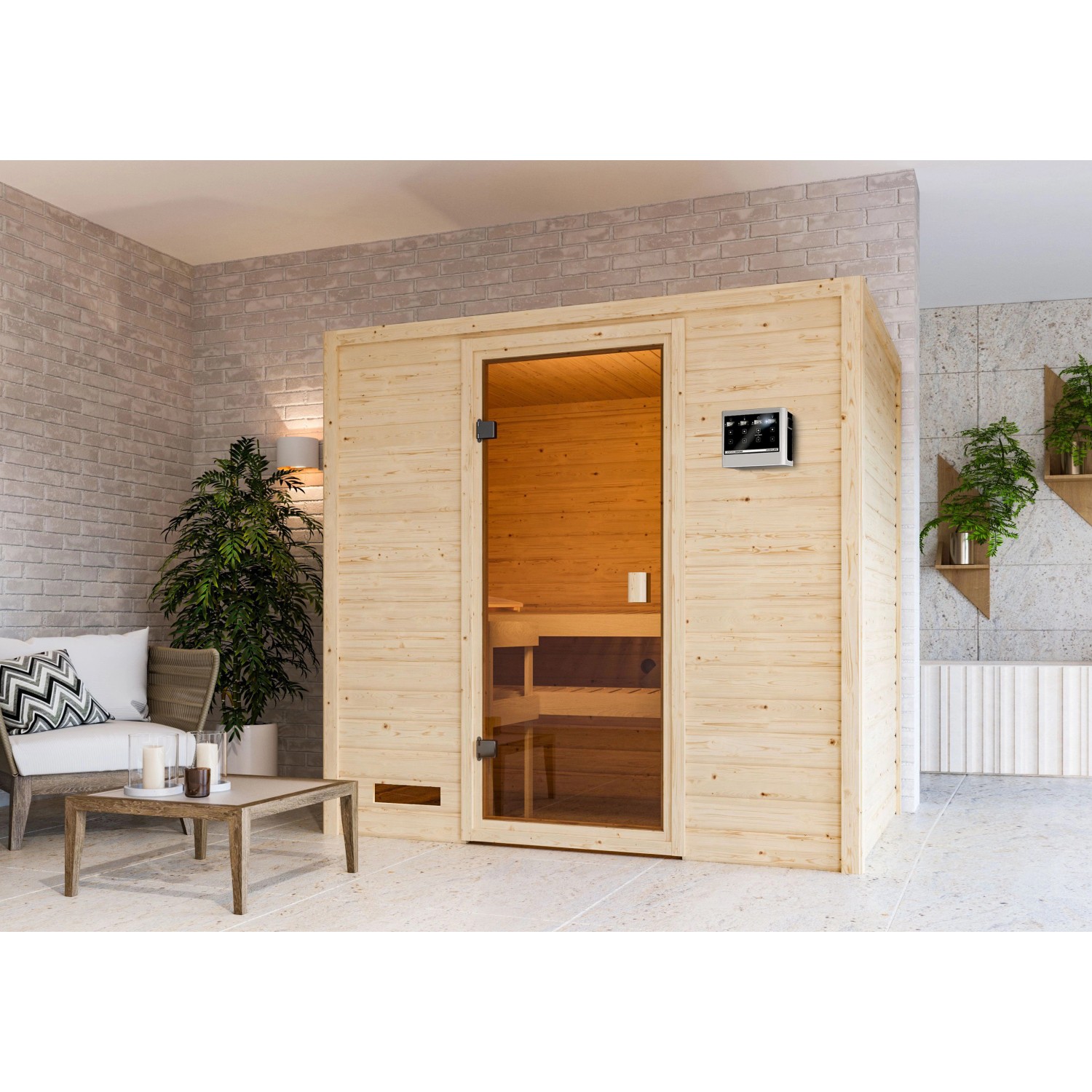 Woodfeeling Sauna Selena inkl. 9 kW Ofen mit ext. Strg. Glastür Bronziert günstig online kaufen