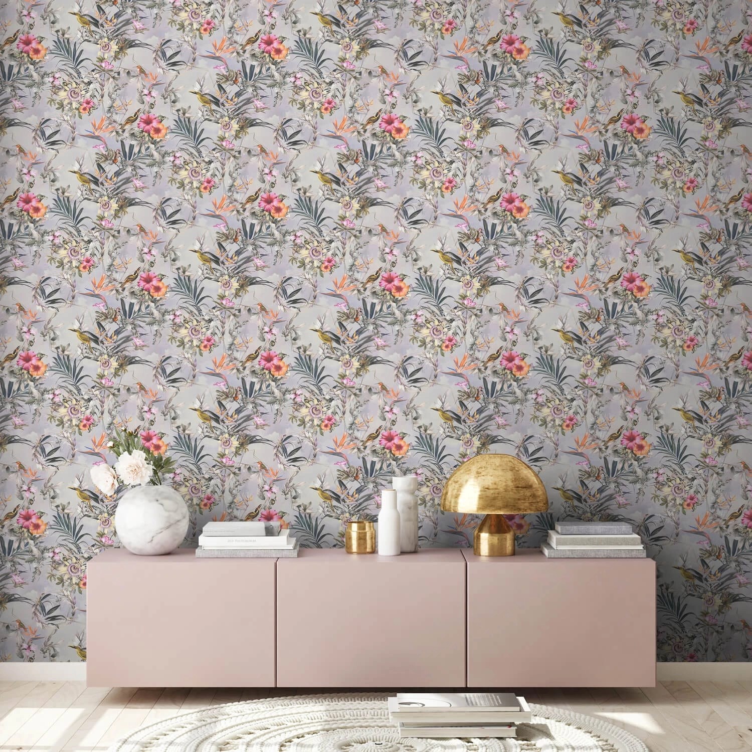 PROFHOME Vliestapete mit Blumenmuster in Grau, Rosa, Orange und Grün. Dekorative Tapete für Wohnräume.