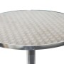 Runder klappbarer Alu-Stehtisch mit gemusterter Edelstahlplatte. Stabiler Gartentisch mit Vierkreuzfuß.
