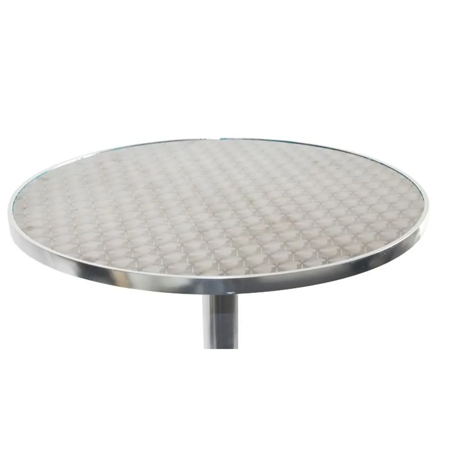 Runder klappbarer Alu-Stehtisch mit gemusterter Edelstahlplatte. Stabiler Gartentisch mit Vierkreuzfuß.