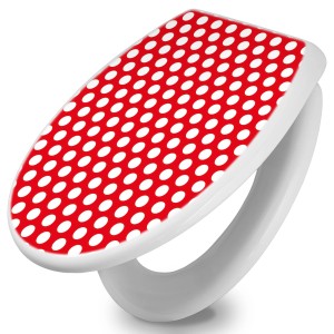 Weißer WC-Sitz mit Absenkautomatik und rotem Punktemuster von Banjado.