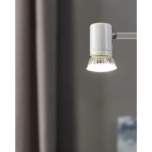 Eglo GU10 LED-Leuchtmittel, rund, mit geripptem Glas, leuchtet neutralweiß in weißer Fassung.