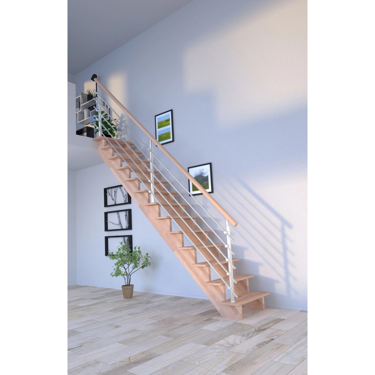 Helle, gerade Buchenholztreppe Lindos mit Edelstahlgeländer im modernen Wohnraum.