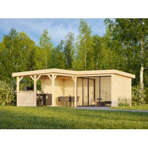 Palmako Pavillon Lenna Set, 588x588 cm, weiß lackiert. Weekendhaus mit Schiebetüren und Tresen.