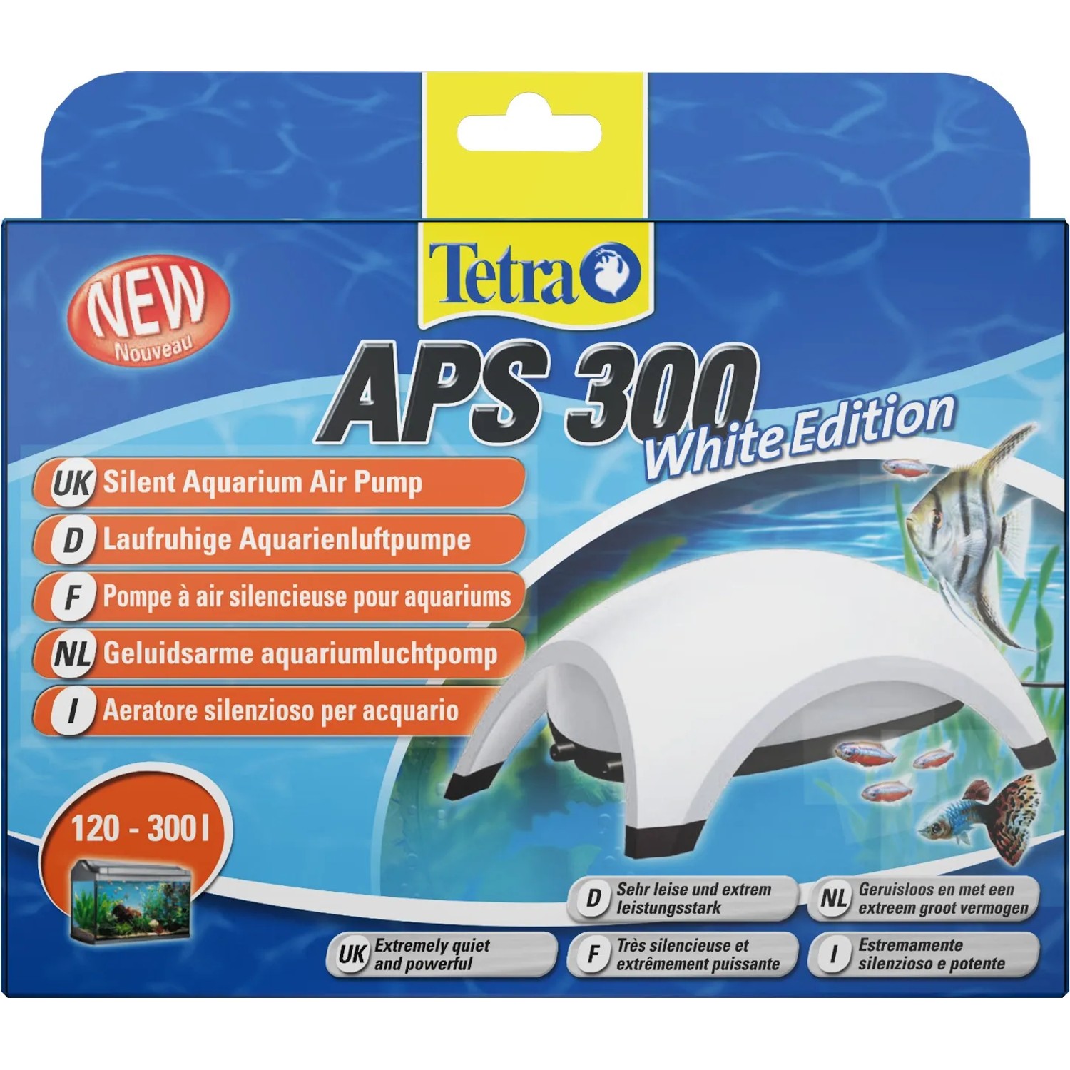Verpackung der Tetra Aquarienluftpumpe APS 300 Weiß für Aquarien von 150-300l.