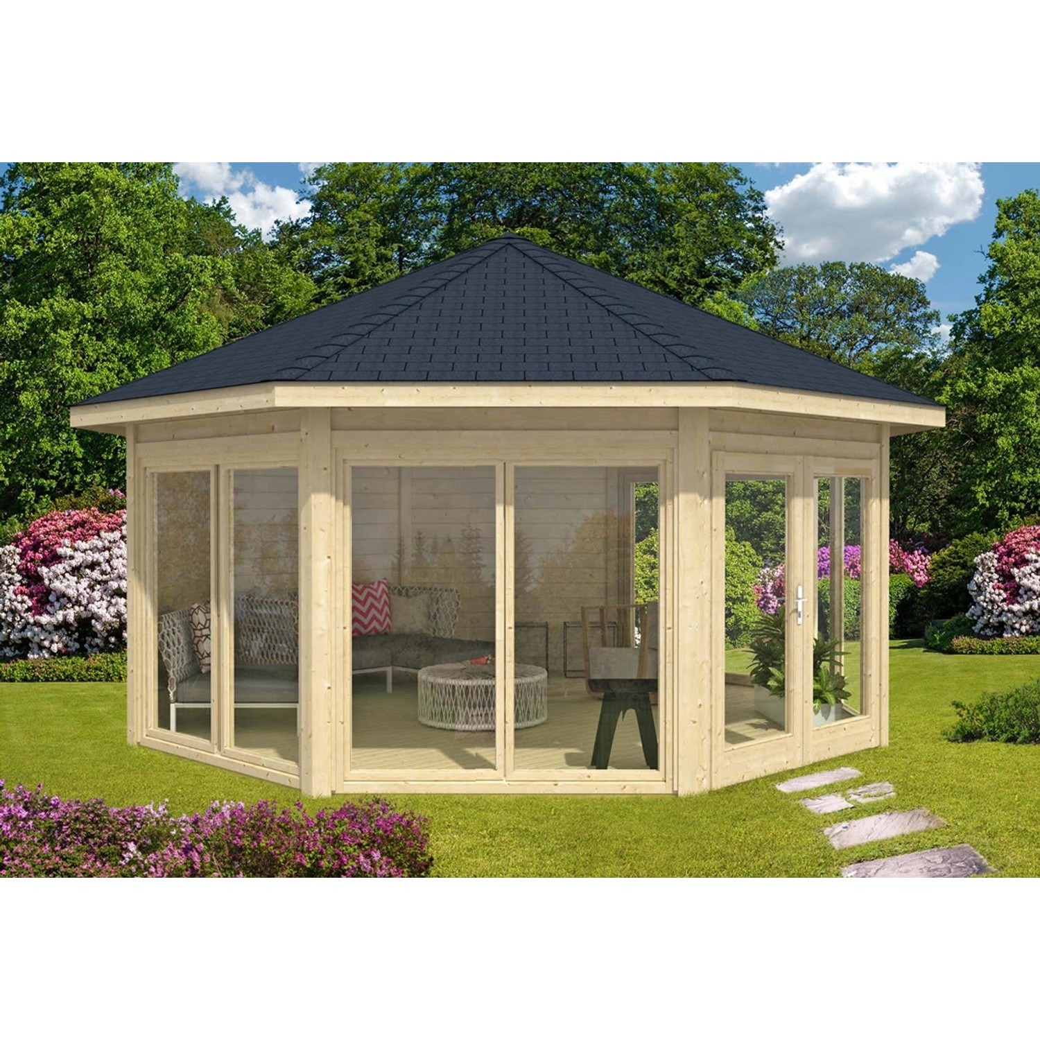 Alpholz Gartenhaus/Gerätehaus Rügen Spitzdach 519 cm x 519 cm Hellbraun