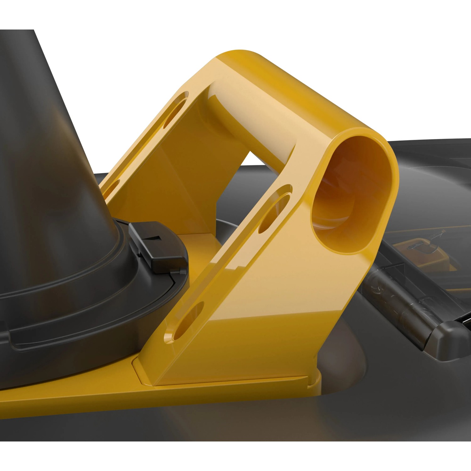 Detailaufnahme der gelben Auswurfverstellung einer Stiga Akku-Schneefräse.