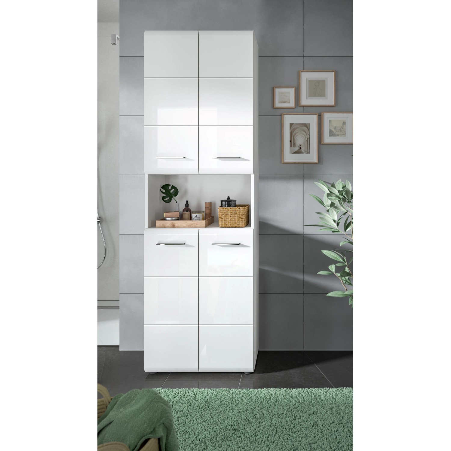 Weißer Hochschrank Ice, 60x185x30 cm, für Bad-Einbauschränke mit Hochglanz-Oberfläche.