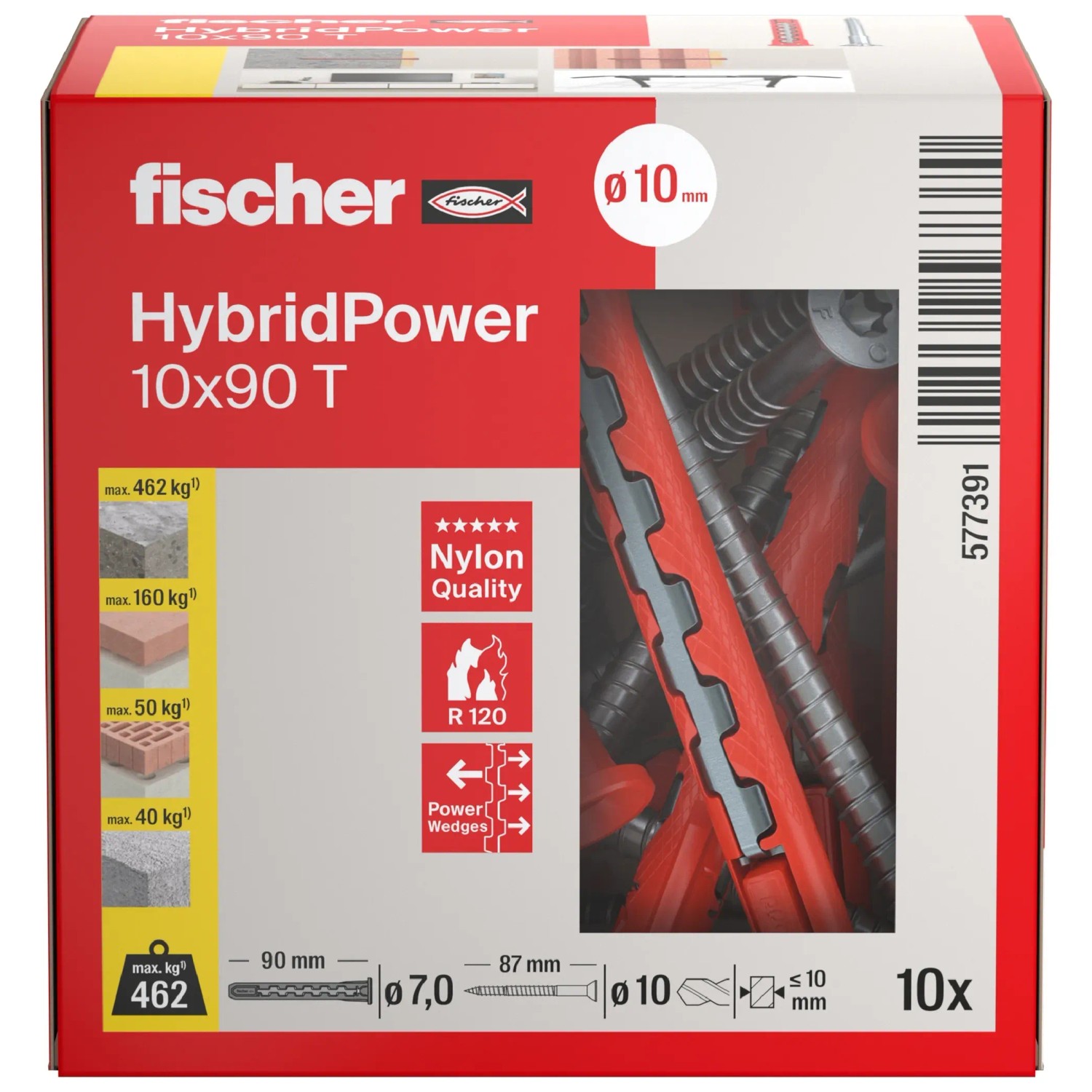 Fischer HybridPower Dübel, 10x90 mm, 10 Stück. Universaldübel für hohe Lasten in verschiedenen Baustoffen.