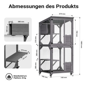 Diagramm des Wiltec Katzenfreigeheges aus Holz mit Maßen 74x78x180cm. Zeigt Ebenen, Rollen und Belastbarkeit pro Plattform.