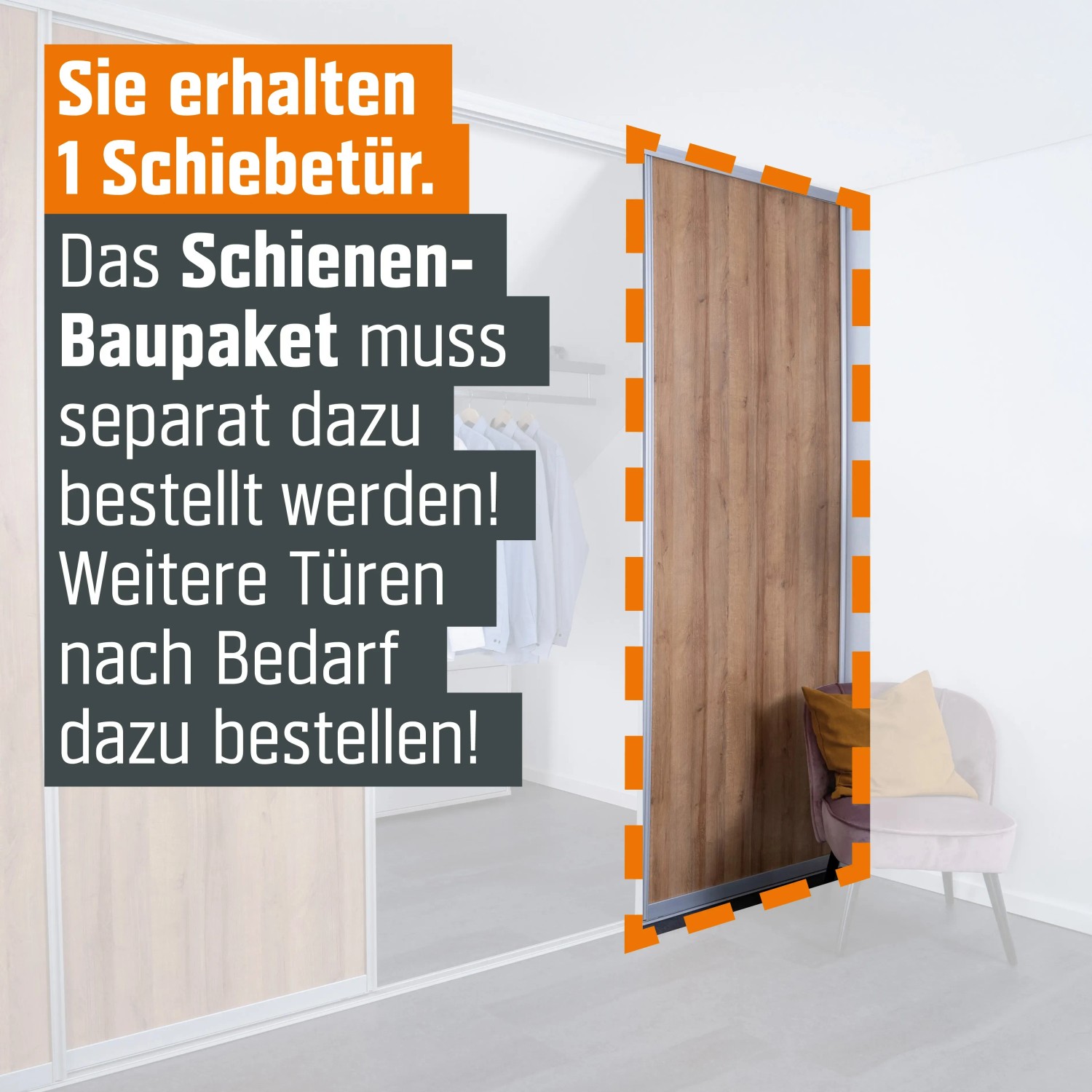 Schiebetür-Baupaket Eiche Country Dekor, Profil Silber, max. 1022x2600mm. Für begehbare Schränke & Raumteiler.