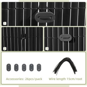 Graue PVC Sichtschutzmatte mit Befestigungsclips und Draht zur einfachen Montage an Balkon, Garten oder Terrasse.