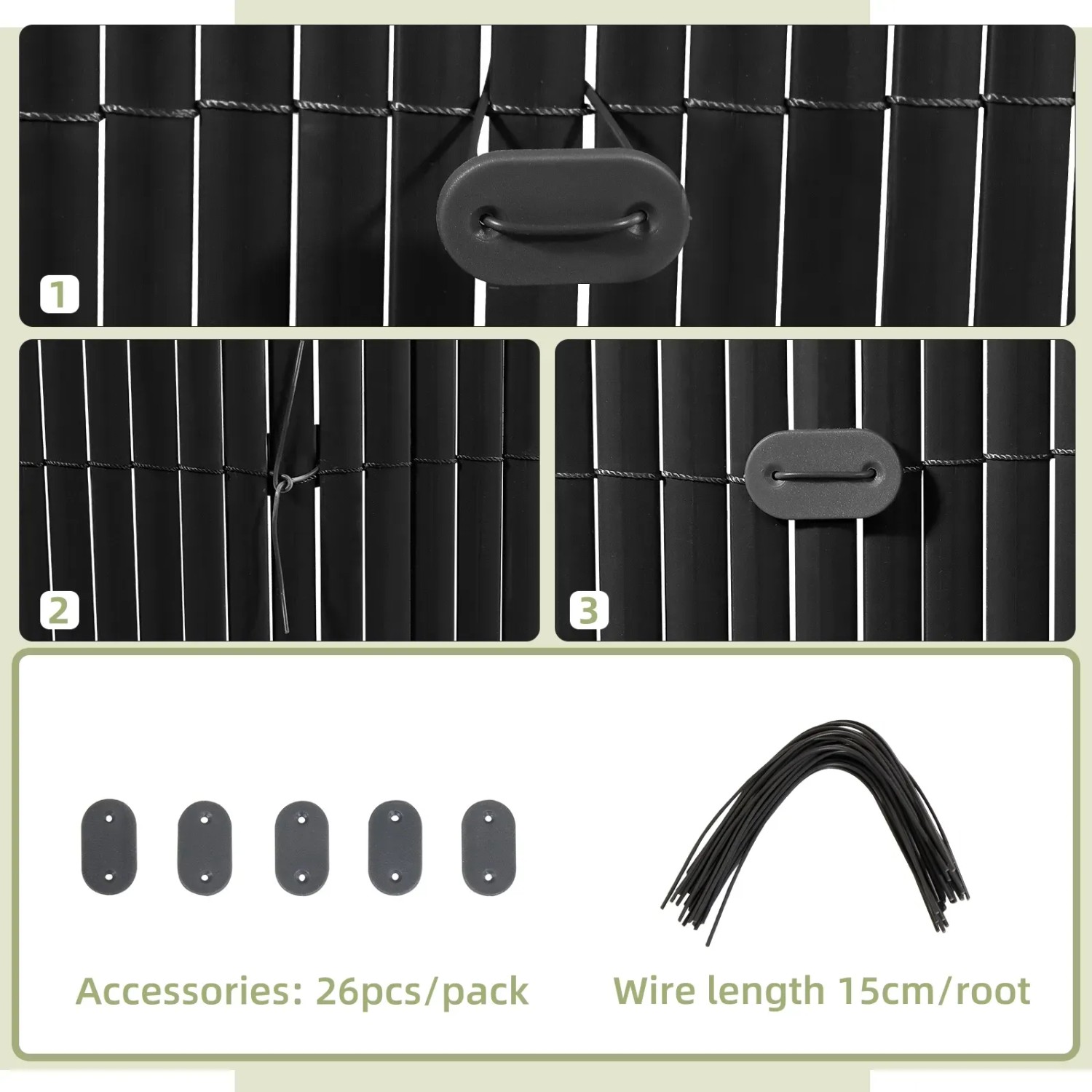 Graue PVC Sichtschutzmatte mit Befestigungsclips und Draht zur einfachen Montage an Balkon, Garten oder Terrasse.