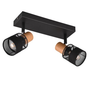 Schwarzer Trio Spot Nandini mit 2 Leuchten, Holzdetails und Stoffschirmen für Wand- oder Deckenmontage.