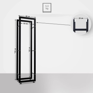 Schwarzes DELUKE Kaminholzregal Innen aus Metall, 25x40x150cm, für Kaminholz. Zubehör für Kamine & Öfen.