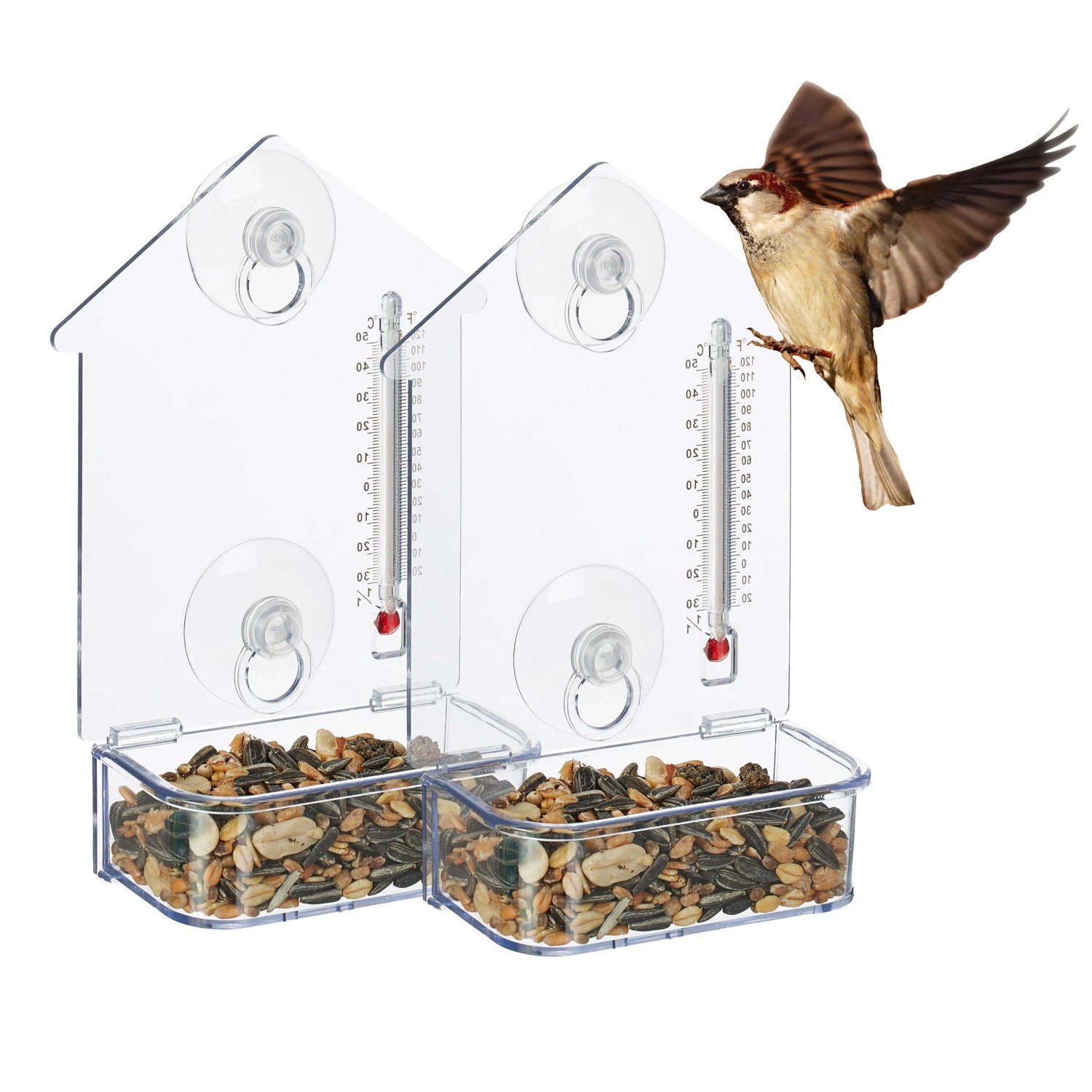 Relaxdays Fenster Vogelfutterhaus Acryl Transparent mit Thermometer 17 x 11,5 x 5 cm 70 g