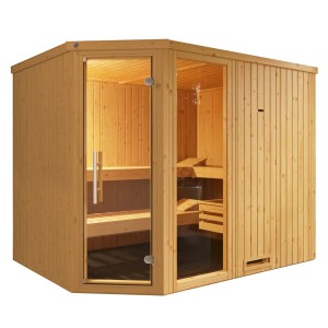 Weka Element-Ecksauna Varberg mit Glastür und Fenster, Fichtenholz natur, ohne Ofen.