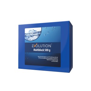 Evolution Multiblock 500g für Poolpflege: Langsam lösliche Chlor-Tablette mit Algizid für den Urlaub.