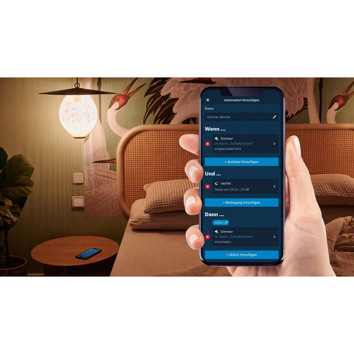 Bosch Smart Home Dimmer in Nutzung: Smartphone-App zur Steuerung der Hausautomation im Schlafzimmer.