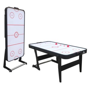 Schwarzer, faltbarer Cougar Airhockey Tisch Icing XL in Spielposition und hochgeklappt.