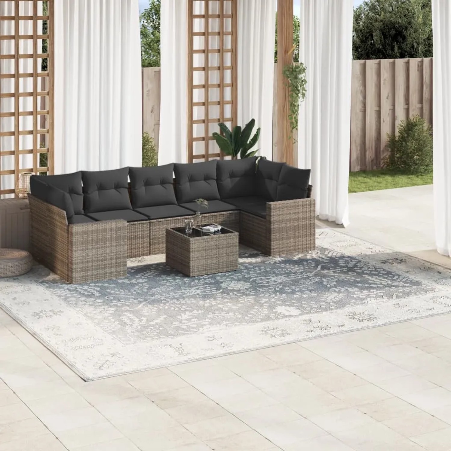 Graue 8-tlg. vidaXL Garten-Sofagarnitur aus Polyrattan mit Kissen und Tisch für Terrasse und Garten.