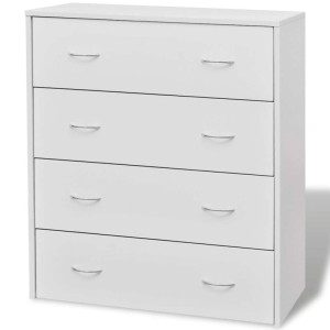 Weiße vidaXL Kommode mit 4 Schubladen und silbernen Griffen. Schlafzimmer-Kommode aus Holzwerkstoff.