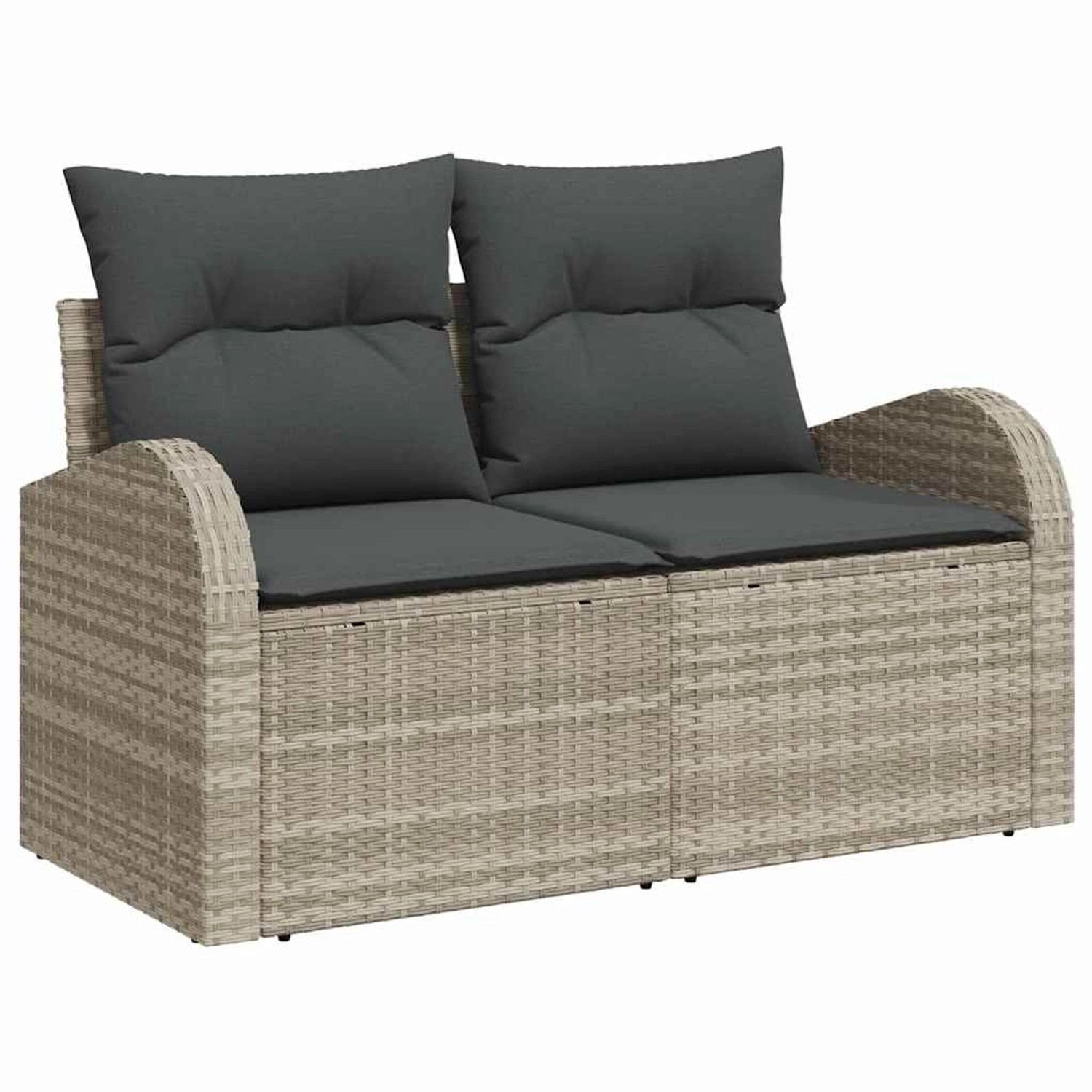 Hellgraues 2-Sitzer Gartensofa-Set aus Polyrattan mit grauen Kissen für Terrasse und Garten.