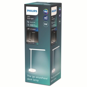 Verpackung der weißen Philips Tilpa LED Schreibtischleuchte mit Akku und USB-Ladefunktion.
