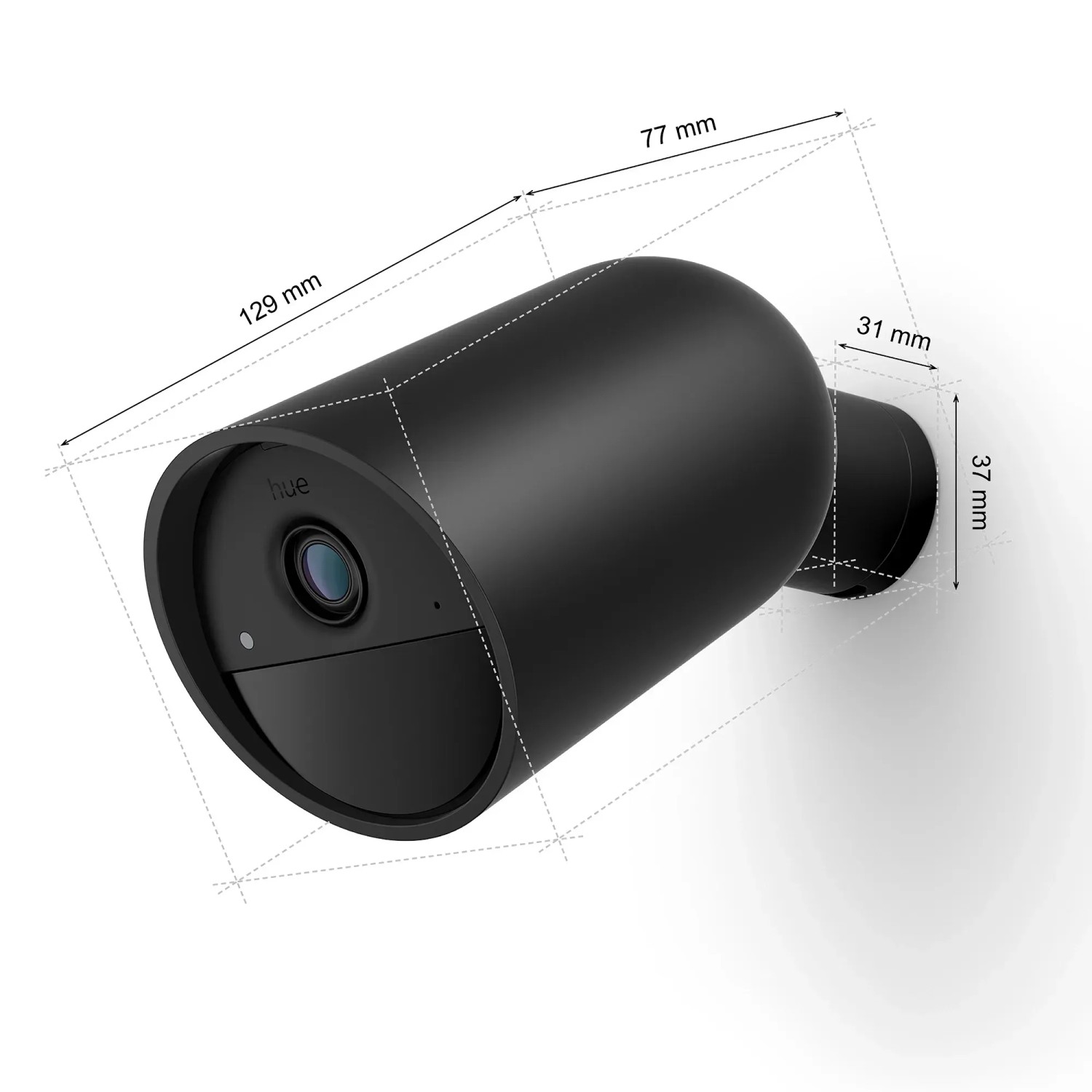 Schwarze Philips Hue Secure Kamera (kabellos) mit Maßangaben für die Kameraüberwachung.