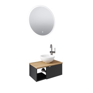 Pelipal Badmöbel-Set Serie 6915, Schwarz Matt/Halifax Eiche, mit rundem Spiegel (70 cm) und Aufsatzwaschbecken.