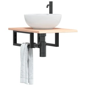 vidaXL Waschtischplatte mit Eiche-Holzplatte, schwarzer Stahlhalterung und Handtuch.