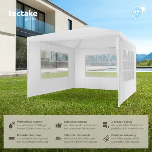 Tectake Pavillon Barinas 3 x 3 M  Im Stecksystem Abnehmbare Seitenteile  300 x 300 x 250 cm Weiß