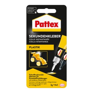 Pattex Plastix Sekundenkleber mit Aktivator-Stift, geeignet für Kunststoffe und andere Materialien.