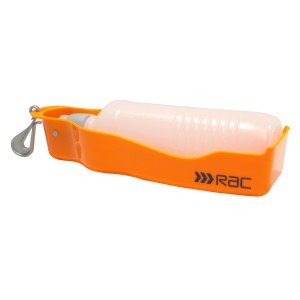 Heim RAC Reise-Wasserflasche für Hunde, 0,5 Liter, orangefarben mit Trinknapf.