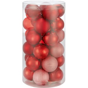 30-teiliges Weihnachtskugel-Set (Ø 4cm) in Rot mit verschiedenen Oberflächen (matt, glänzend) im transparenten Behälter.