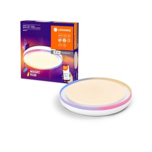 Ledvance LED-Deckenleuchte Orbis Smart WiFi, weiße, runde Deckenlampe mit RGB-Funktion und Verpackung.