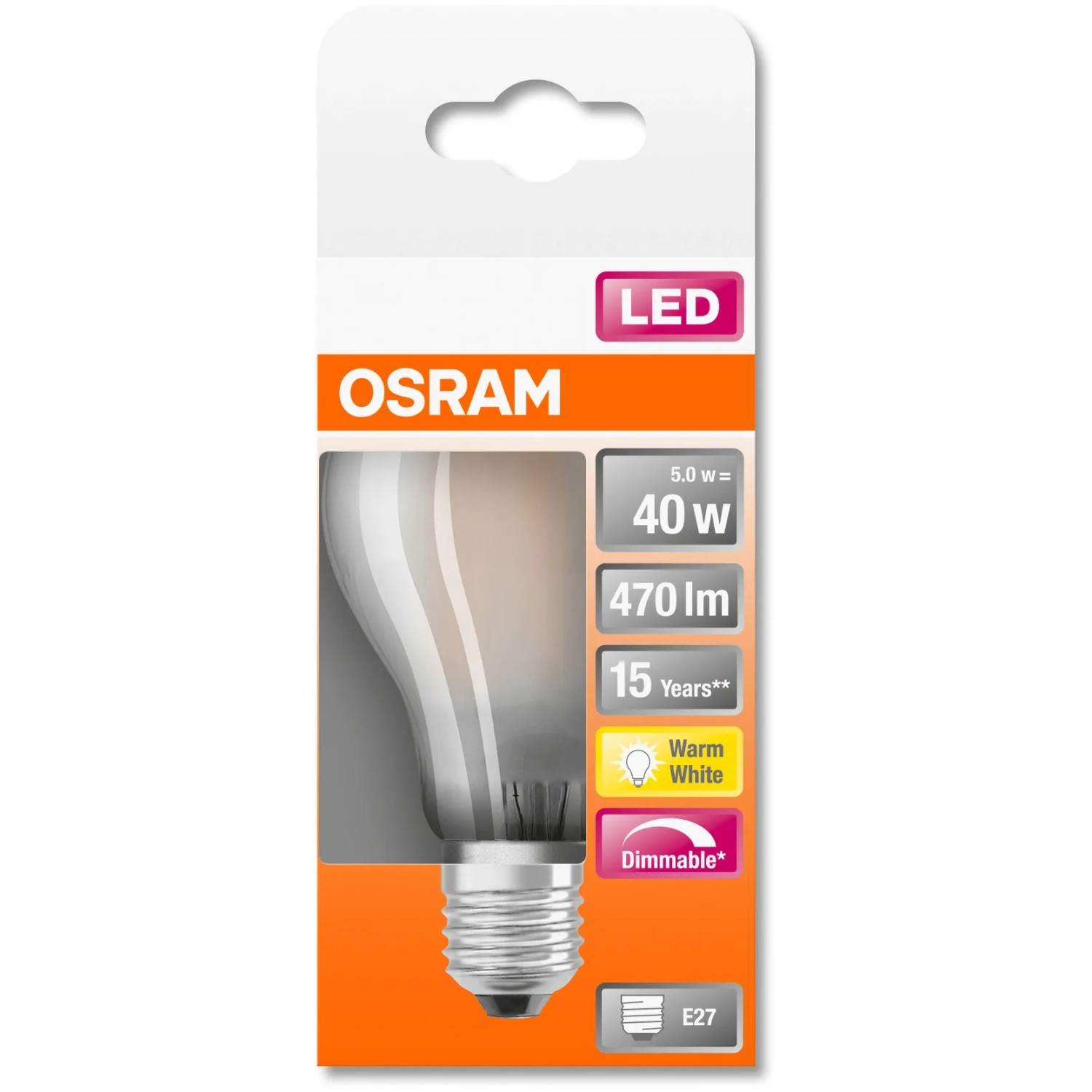 Osram LED-Lampe E27 in Glühlampenform, 4,8W, 470lm, dimmbar, warmweiß.
